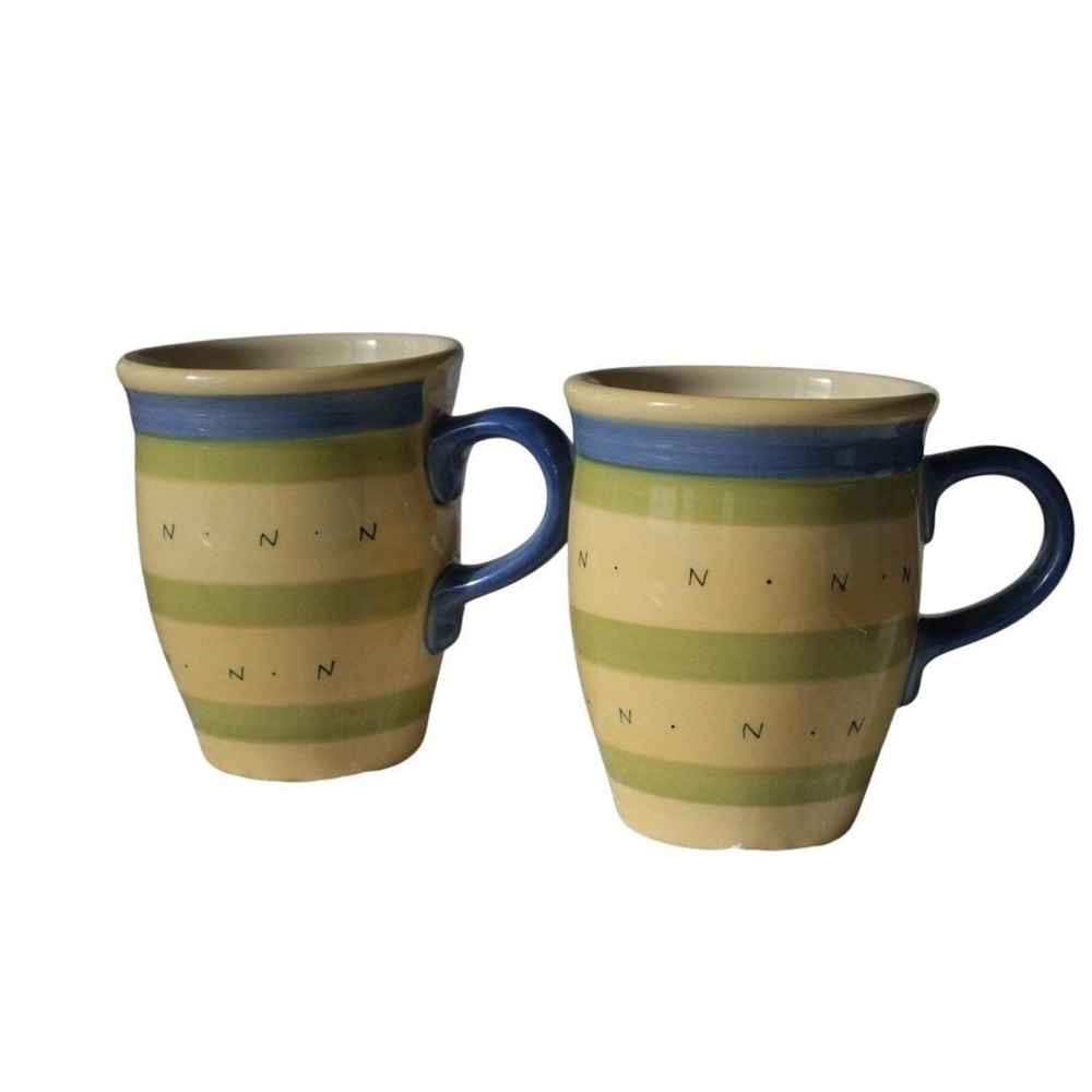 Pistouler by Pfaltzgraff Set of 2 Mugs Yellow Green Blue Striped N Design